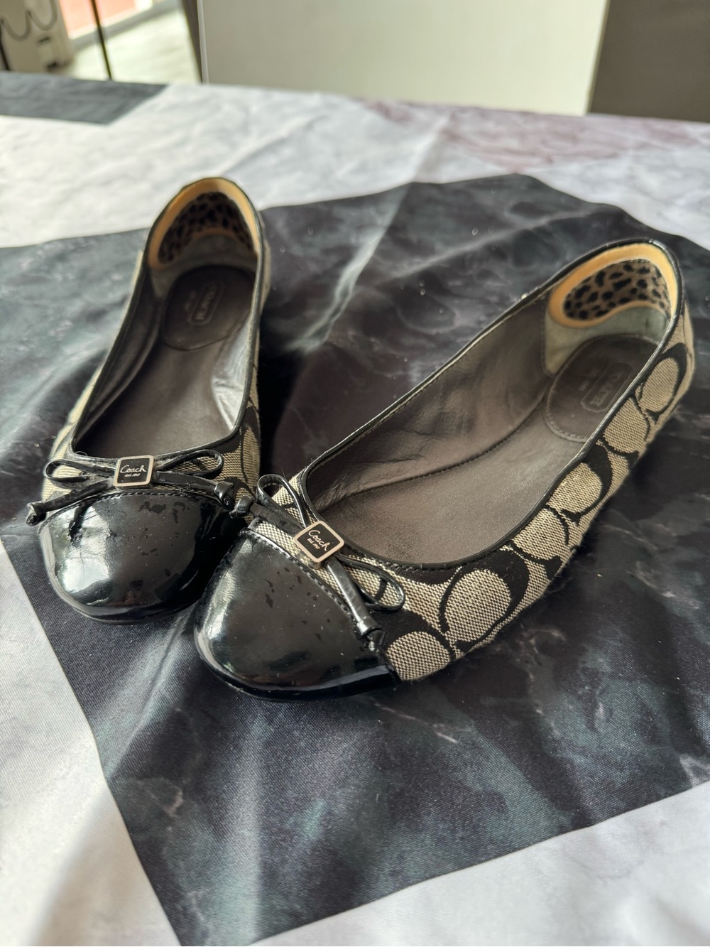 Coach Black and Tan Signature Canvas Ballet Flats
